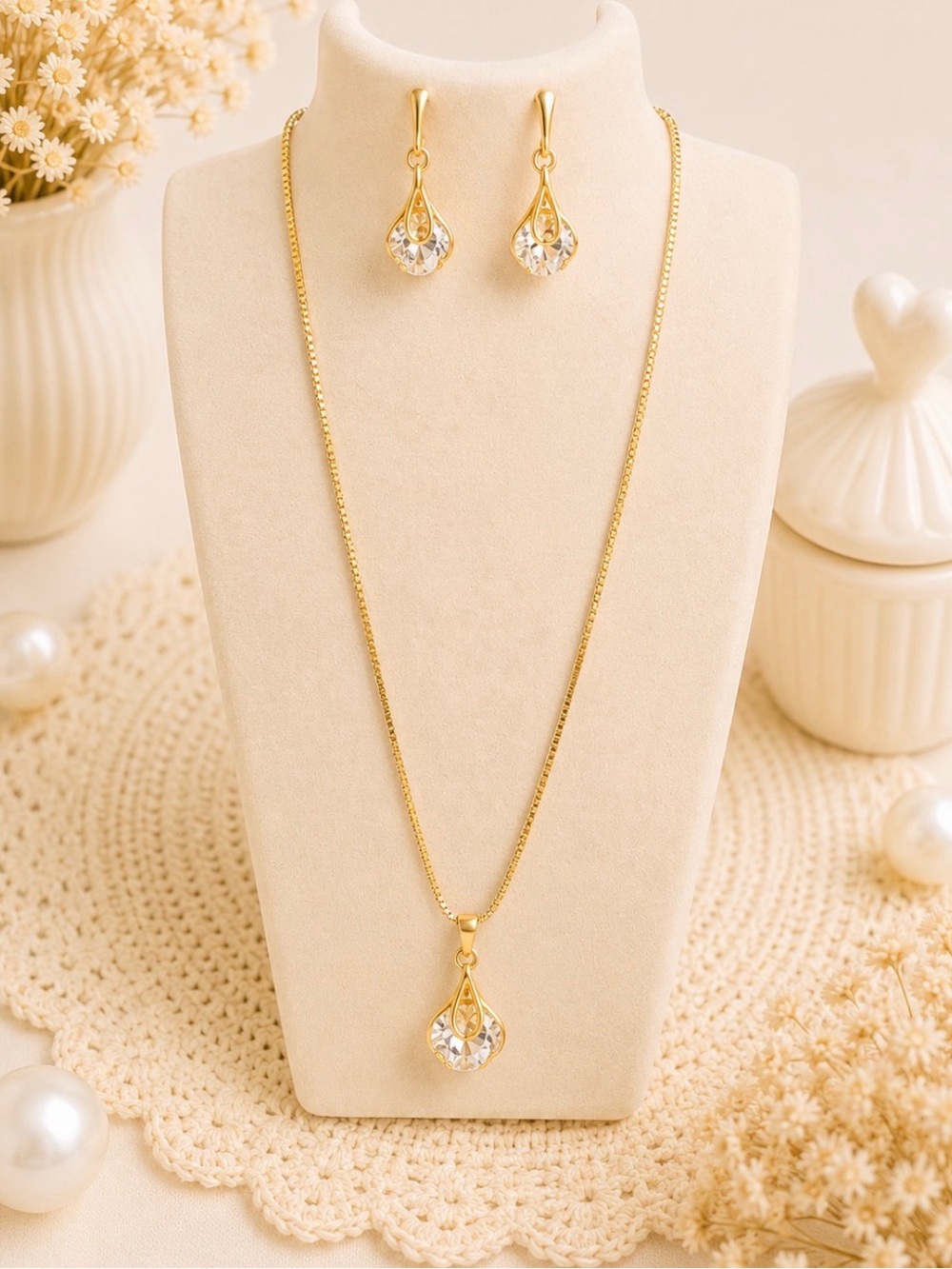 Gold-Tone Teardrop Clear Center Stone Necklace & Earrings Set-NWOT